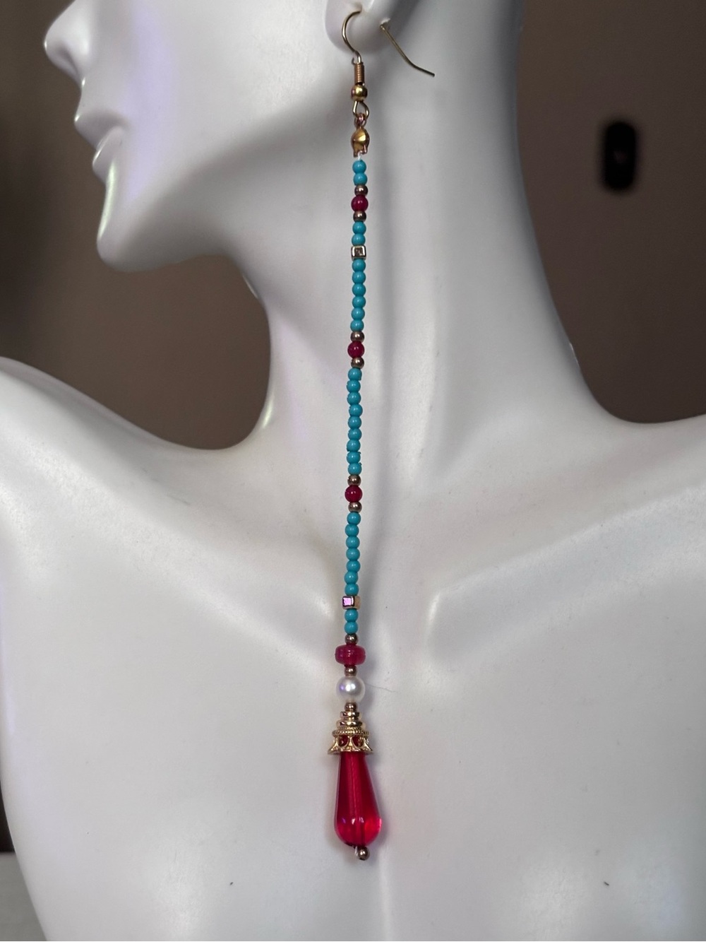 3/$20 Long Red & Turquoise Beaded Drop Earrings